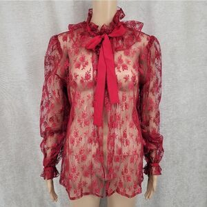 French Cherry Red See Through Lace Coquette Girl Long Sleeves Top Jacket